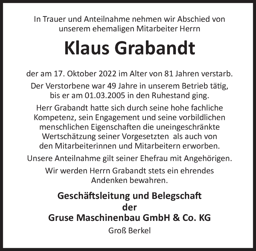  Traueranzeige für Klaus Grabandt vom 22.10.2022 aus Deister- und Weserzeitung