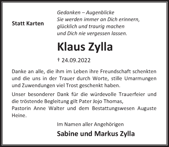 Traueranzeige von Klaus Zylla von Deister- und Weserzeitung