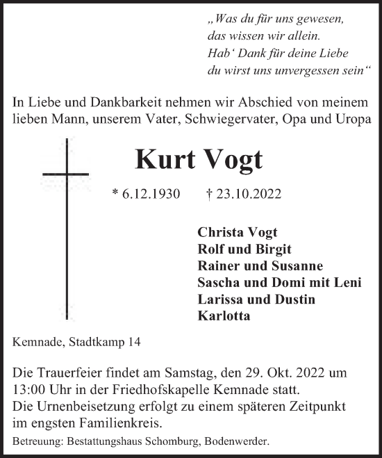 Traueranzeige von Kurt Vogt von Deister- und Weserzeitung