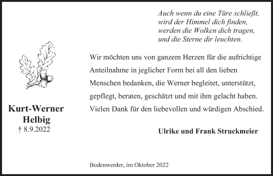 Traueranzeige von Kurt-Werner Helbig von Deister- und Weserzeitung
