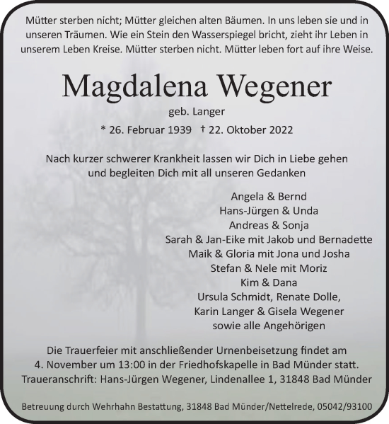 Traueranzeige von Magdalena Wegener von Neue Deister-Zeitung