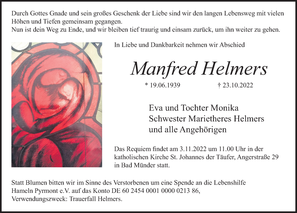  Traueranzeige für Manfred Helmers vom 29.10.2022 aus Neue Deister-Zeitung