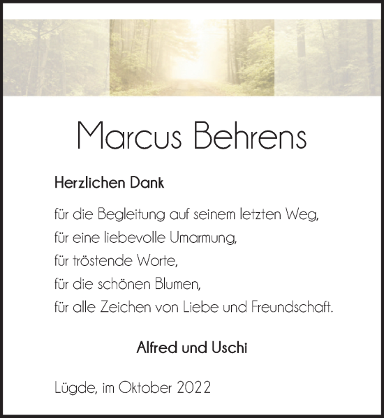 Traueranzeige von Marcus Behrens von Deister- und Weserzeitung