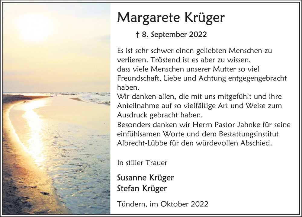  Traueranzeige für Margarete Krüger vom 22.10.2022 aus Deister- und Weserzeitung