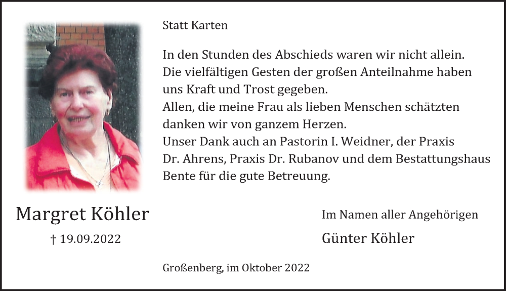  Traueranzeige für Margret Köhler vom 22.10.2022 aus Deister- und Weserzeitung