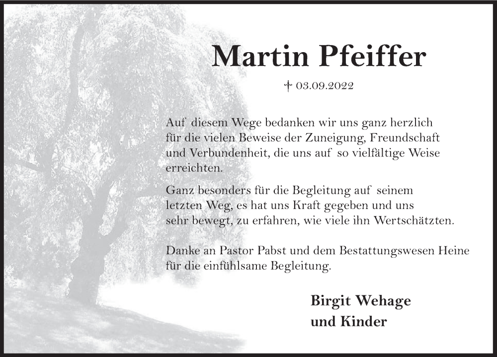  Traueranzeige für Martin Pfeiffer vom 22.10.2022 aus Deister- und Weserzeitung
