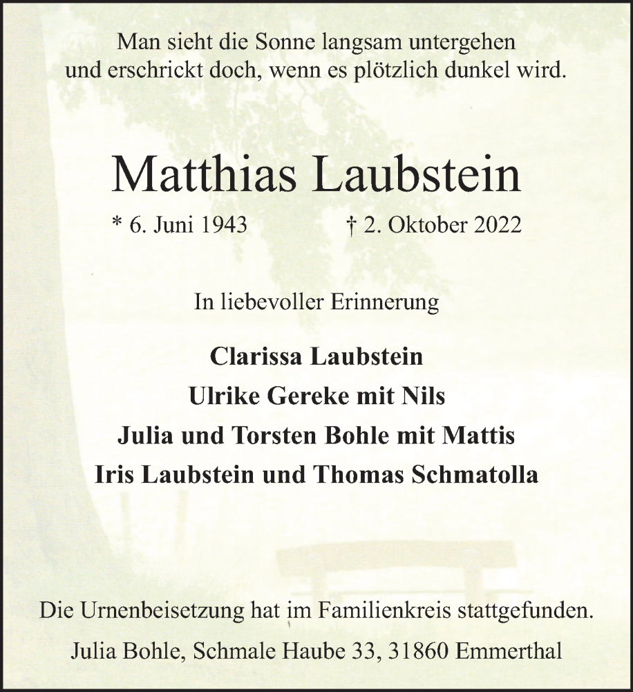  Traueranzeige für Matthias Laubstein vom 22.10.2022 aus Deister- und Weserzeitung