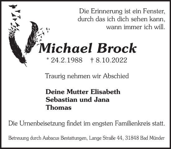 Traueranzeige von Michael Brock von Neue Deister-Zeitung