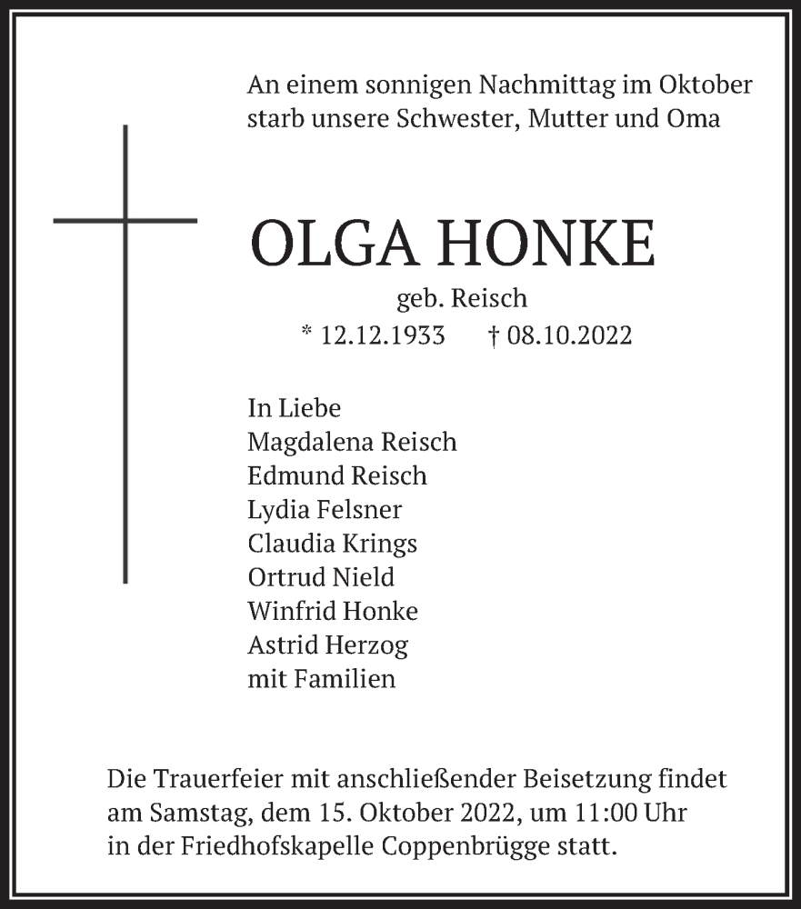  Traueranzeige für Olga Honke vom 12.10.2022 aus Deister- und Weserzeitung