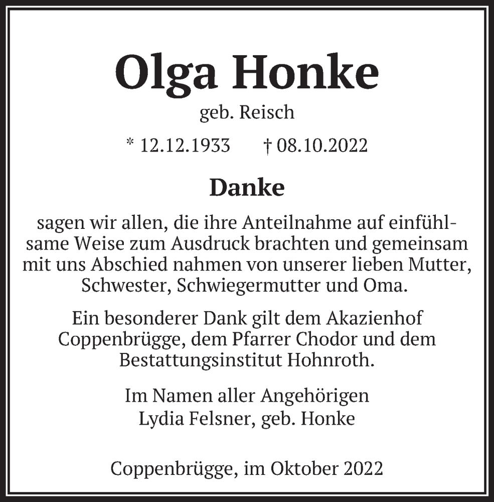  Traueranzeige für Olga Honke vom 29.10.2022 aus Deister- und Weserzeitung