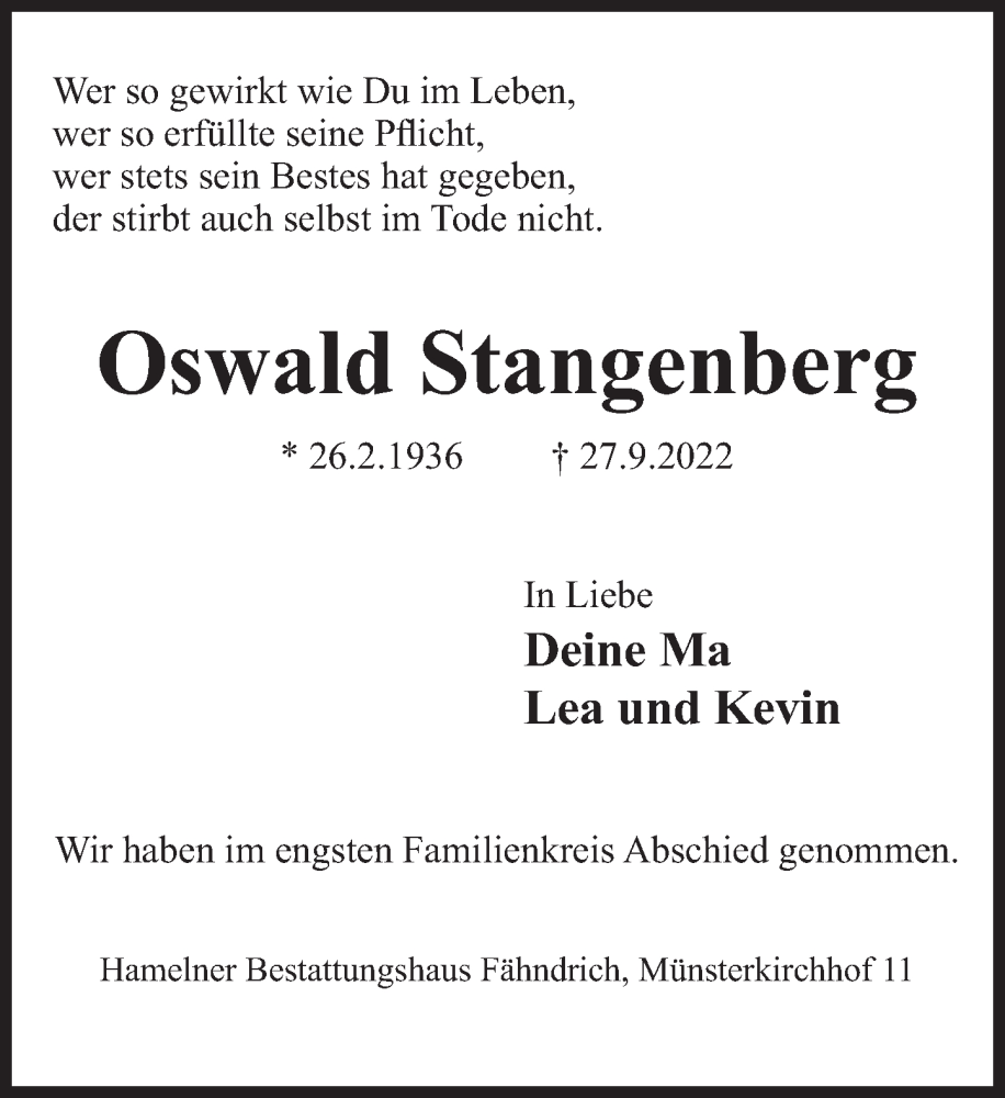 Traueranzeige für Oswald Stangenberg vom 08.10.2022 aus Deister- und Weserzeitung