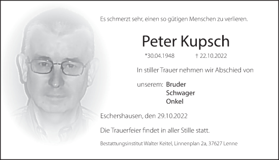 Traueranzeige von Peter Kupsch von Deister- und Weserzeitung