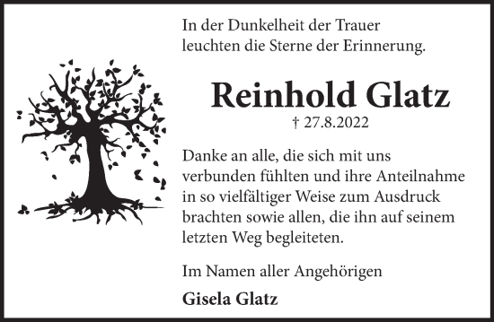 Traueranzeige von Reinhold Glatz von Neue Deister-Zeitung