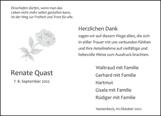 Traueranzeige von Renate Quast von Deister- und Weserzeitung