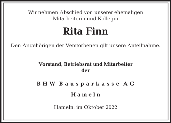 Traueranzeige von Rita Finn von Deister- und Weserzeitung