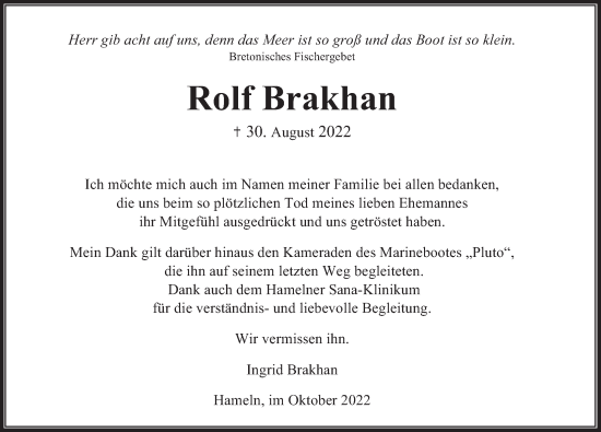 Traueranzeige von Rolf Brakhan von Deister- und Weserzeitung