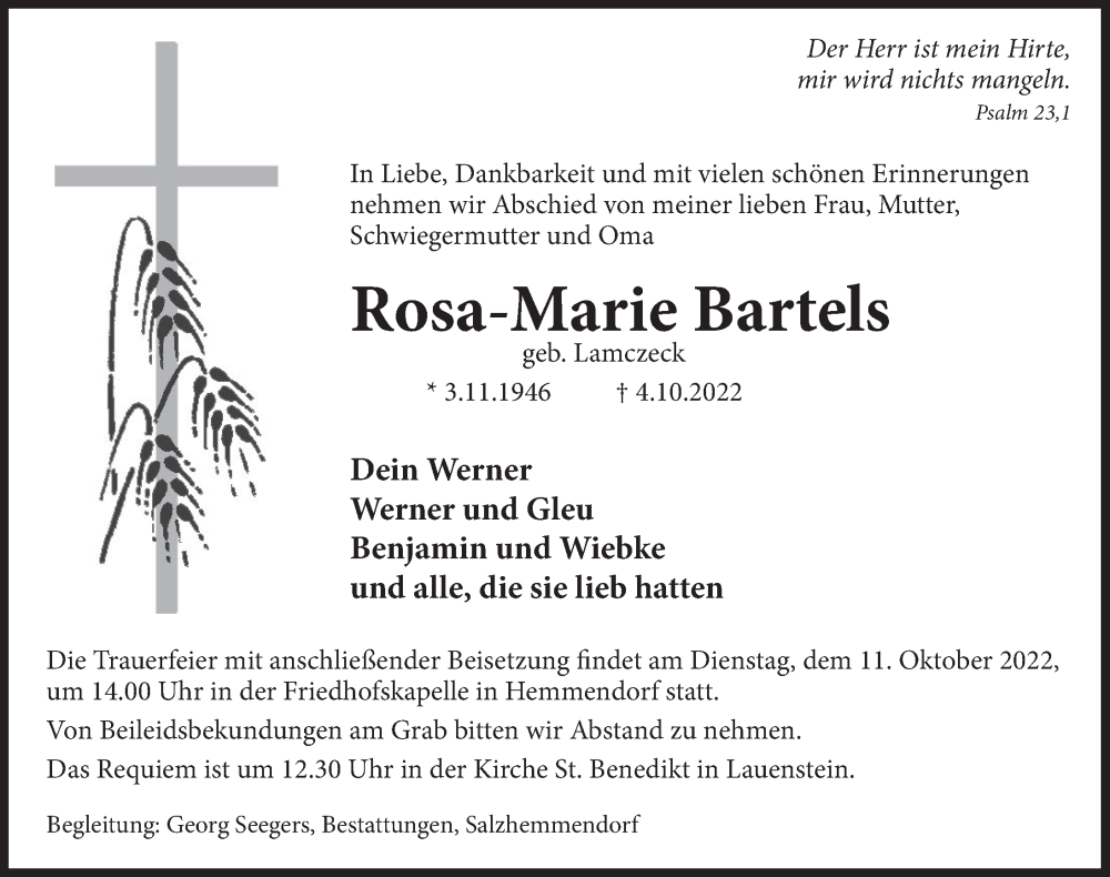  Traueranzeige für Rosa-Marie Bartels vom 08.10.2022 aus Deister- und Weserzeitung