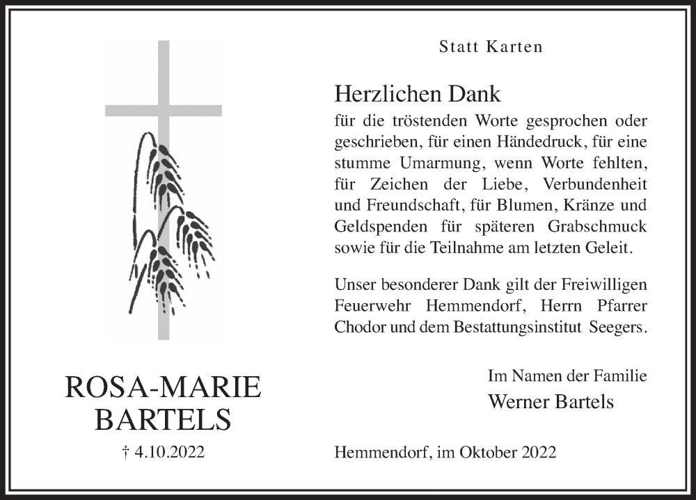  Traueranzeige für Rosa-Marie Bartels vom 29.10.2022 aus Deister- und Weserzeitung