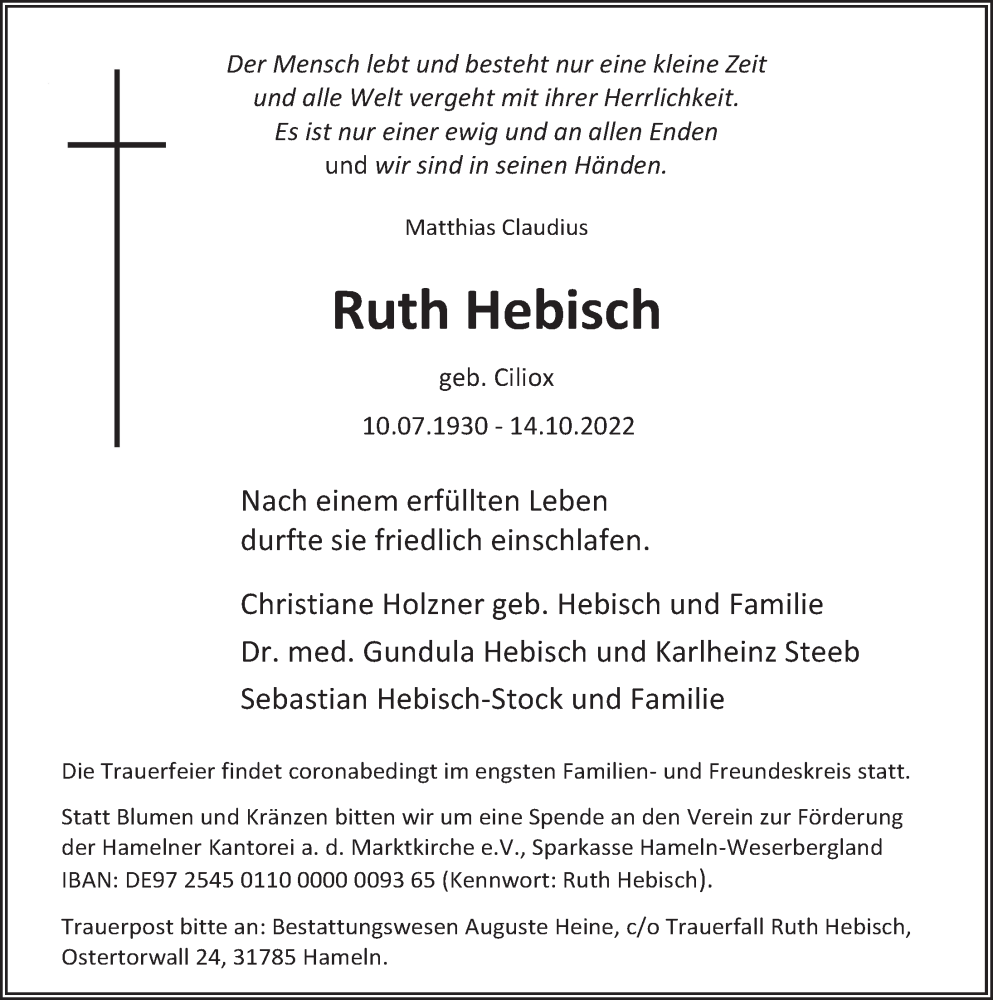  Traueranzeige für Ruth Hebisch vom 22.10.2022 aus Deister- und Weserzeitung