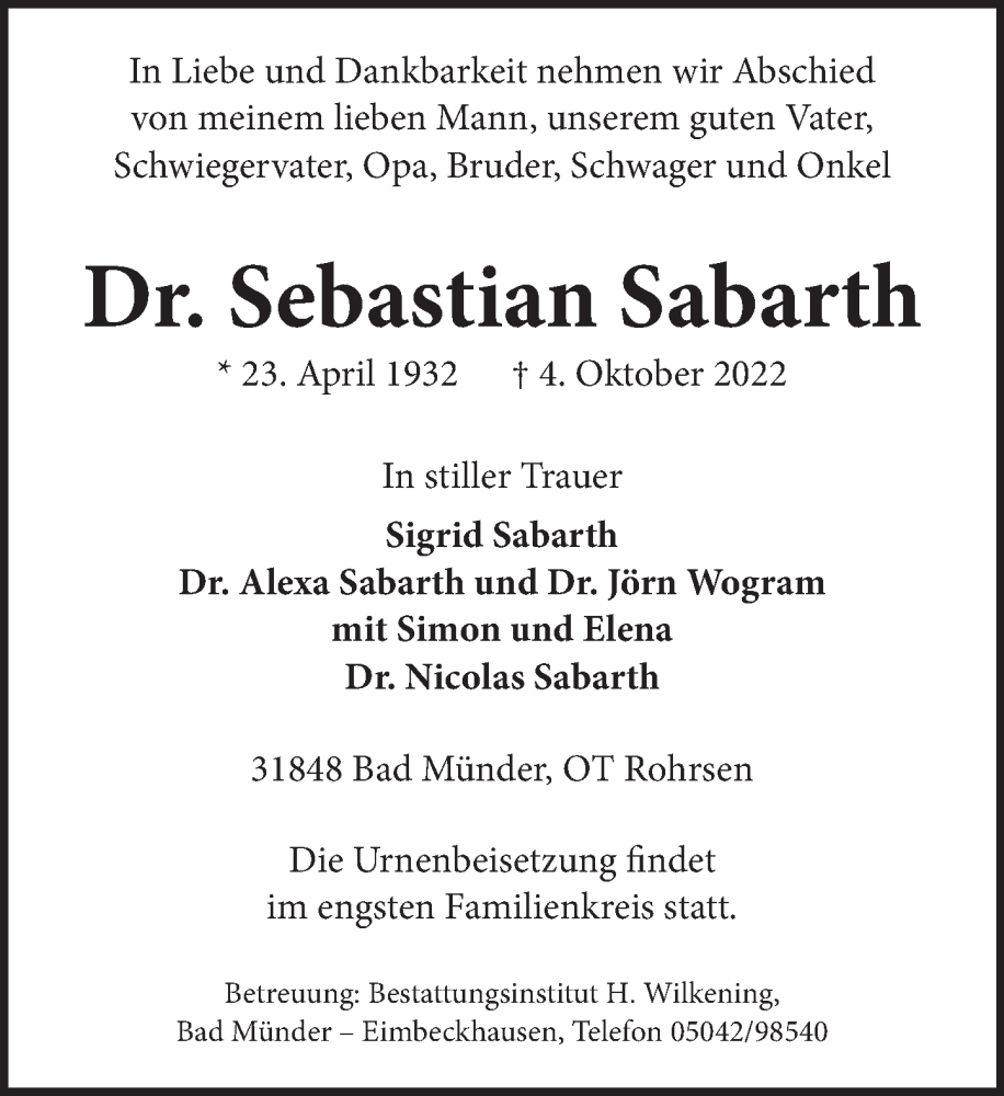  Traueranzeige für Sebastian Sabarth vom 15.10.2022 aus Neue Deister-Zeitung
