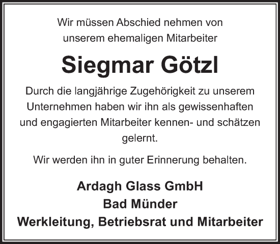 Traueranzeige von Siegmar Götzl von Neue Deister-Zeitung