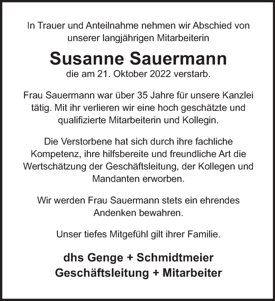  Traueranzeige für Susanne Sauermann vom 29.10.2022 aus Deister- und Weserzeitung