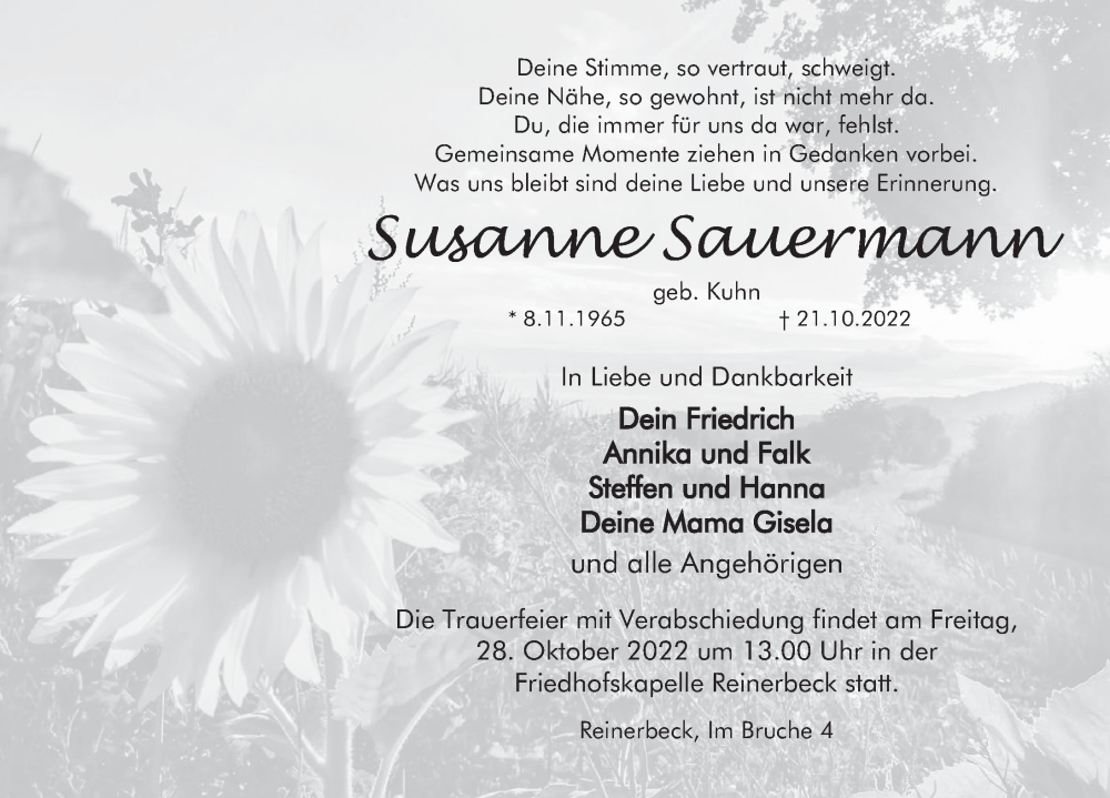  Traueranzeige für Susanne Sauermann vom 25.10.2022 aus Deister- und Weserzeitung