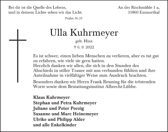 Traueranzeige von Ulla Kuhrmeyer von Deister- und Weserzeitung