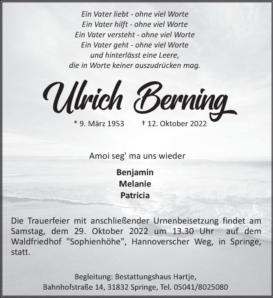 Traueranzeige für Ulrich Berning vom 19.10.2022 aus Neue Deister-Zeitung