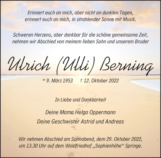 Traueranzeige von Ulrich Berning von Neue Deister-Zeitung