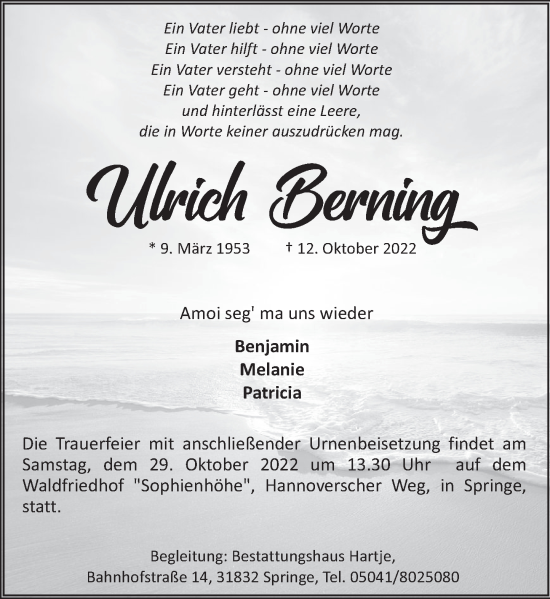 Traueranzeige von Ulrich Berning von Neue Deister-Zeitung