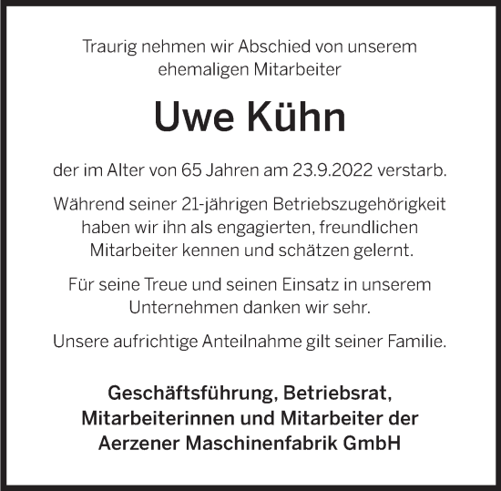Traueranzeige von Uwe Kühn von Deister- und Weserzeitung