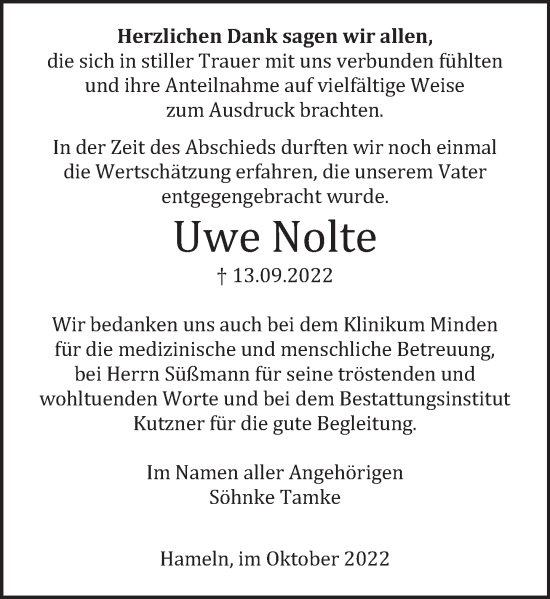 Traueranzeige von Uwe Nolte von Deister- und Weserzeitung