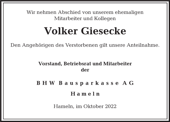 Traueranzeige von Volker Giesecke von Deister- und Weserzeitung