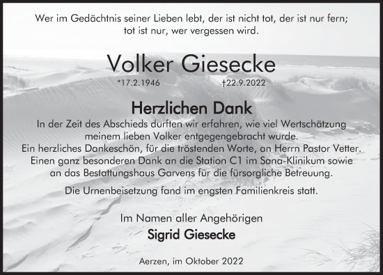 Traueranzeige von Volker Giesecke von Deister- und Weserzeitung