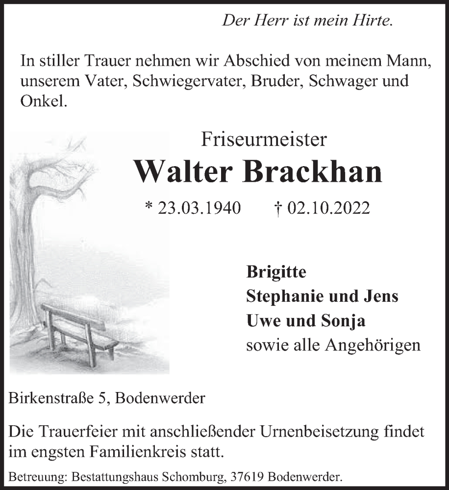  Traueranzeige für Walter Brackhan vom 08.10.2022 aus Deister- und Weserzeitung