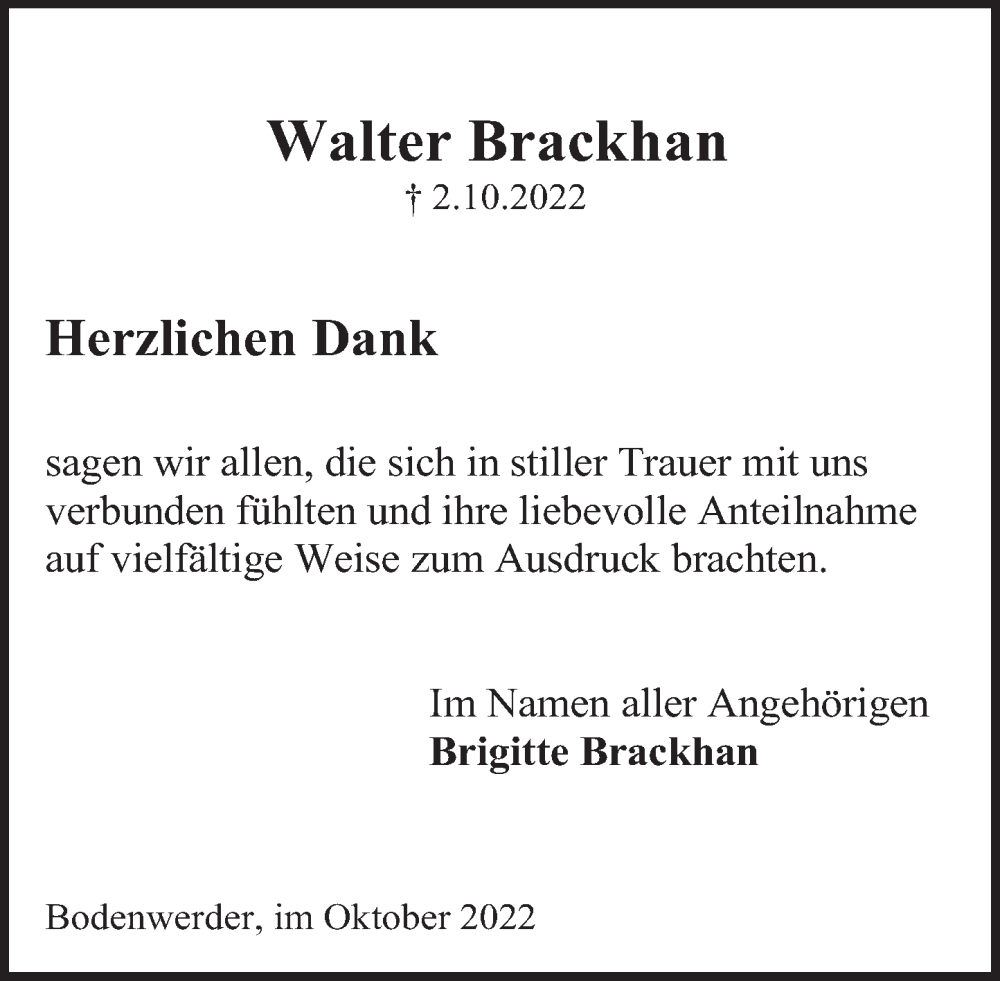  Traueranzeige für Walter Brackhan vom 29.10.2022 aus Deister- und Weserzeitung