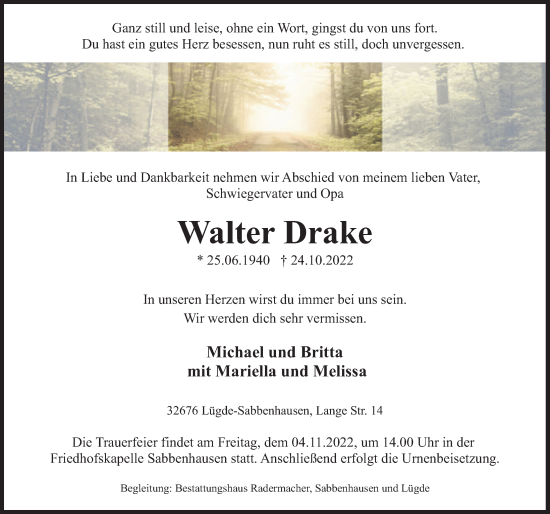 Traueranzeige von Walter Drake von Deister- und Weserzeitung