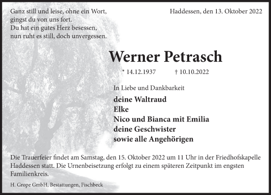 Traueranzeige von Werner Petrasch von Deister- und Weserzeitung