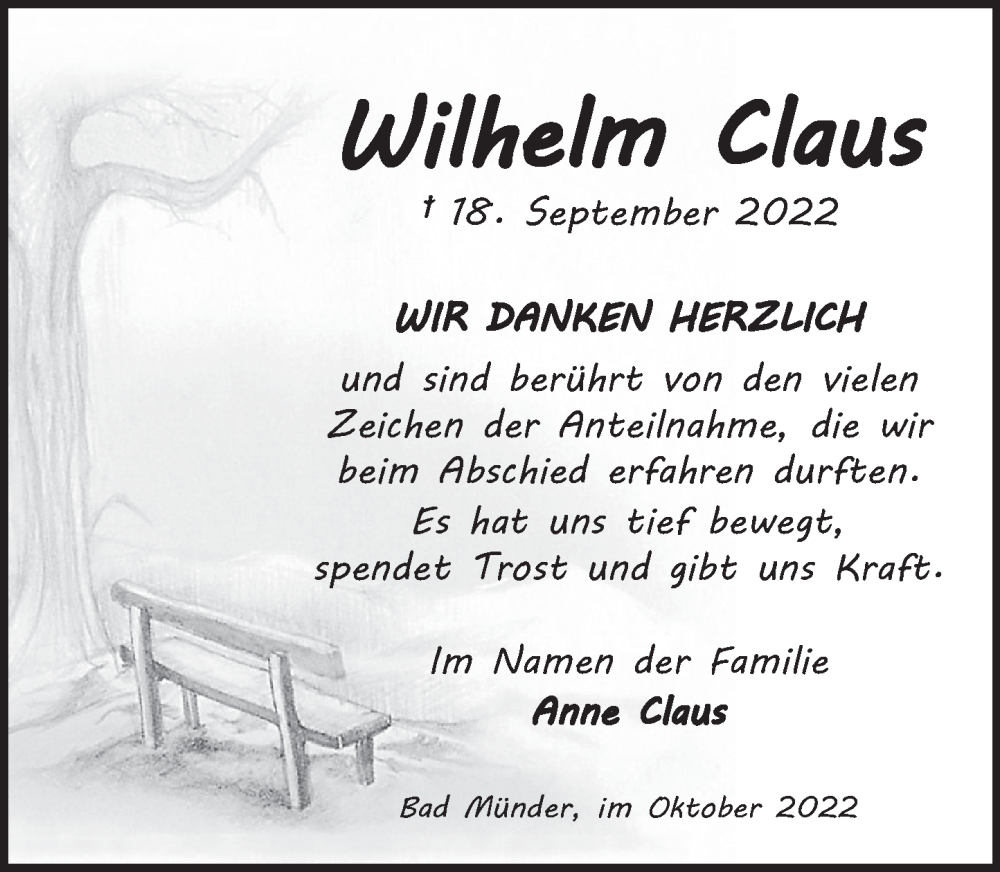  Traueranzeige für Wilhelm Claus vom 15.10.2022 aus Neue Deister-Zeitung