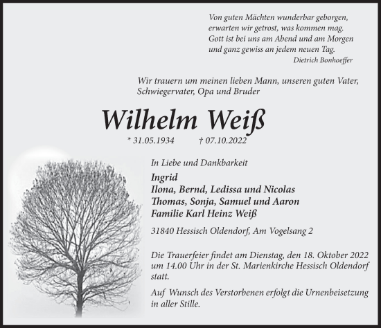 Traueranzeige von Wilhelm Weiß von Deister- und Weserzeitung