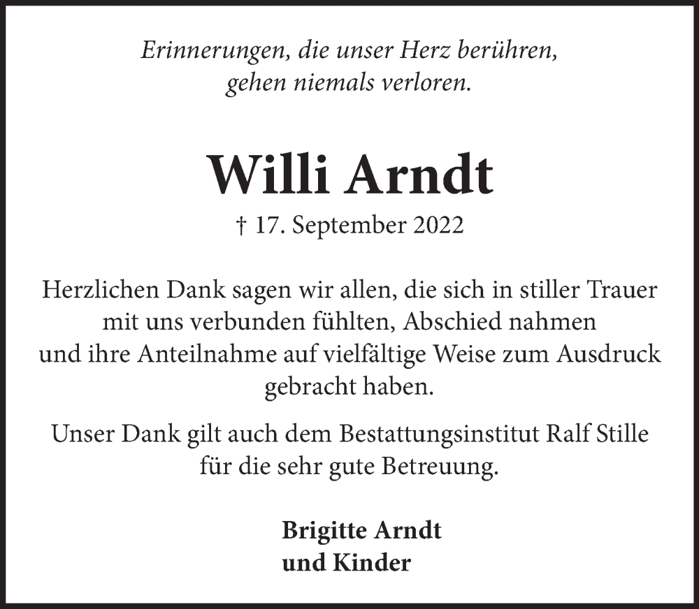  Traueranzeige für Willi Arndt vom 15.10.2022 aus Neue Deister-Zeitung