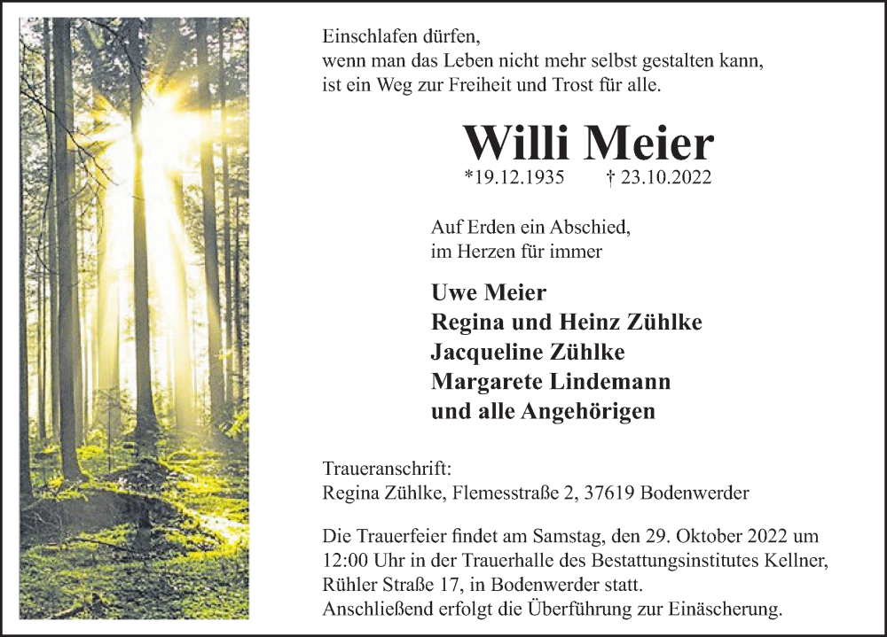  Traueranzeige für Willi Meier vom 26.10.2022 aus Deister- und Weserzeitung