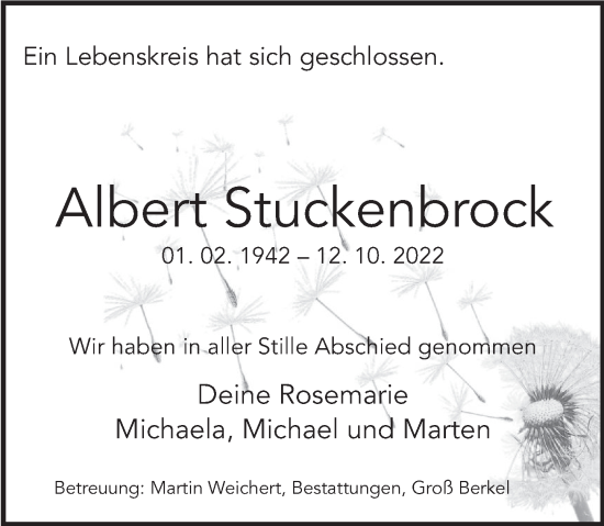 Traueranzeige von Albert Stuckenbrock von Deister- und Weserzeitung