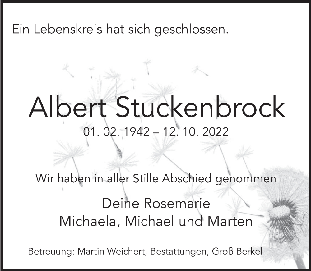  Traueranzeige für Albert Stuckenbrock vom 04.11.2022 aus Deister- und Weserzeitung