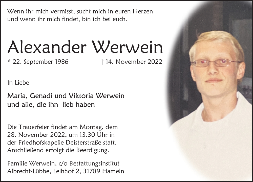  Traueranzeige für Alexander Werwein vom 23.11.2022 aus Deister- und Weserzeitung