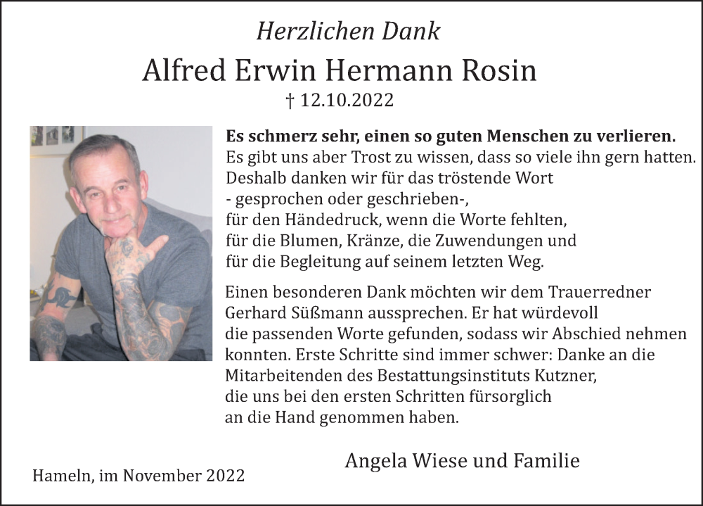  Traueranzeige für Alfred  Rosin vom 05.11.2022 aus Deister- und Weserzeitung