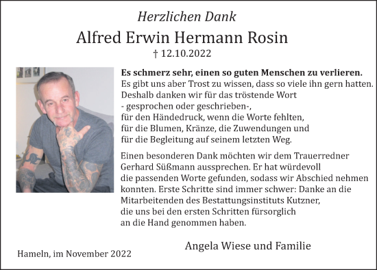 Traueranzeige von Alfred  Rosin von Deister- und Weserzeitung