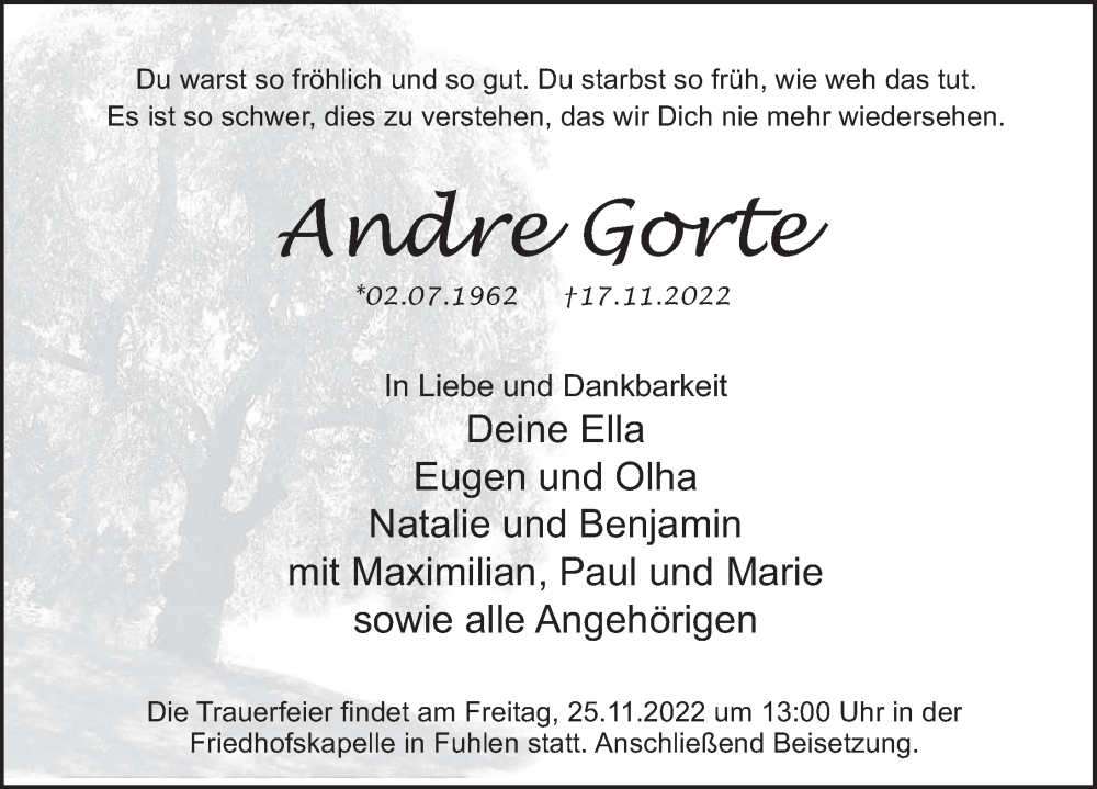  Traueranzeige für Andre Gorte vom 23.11.2022 aus Deister- und Weserzeitung