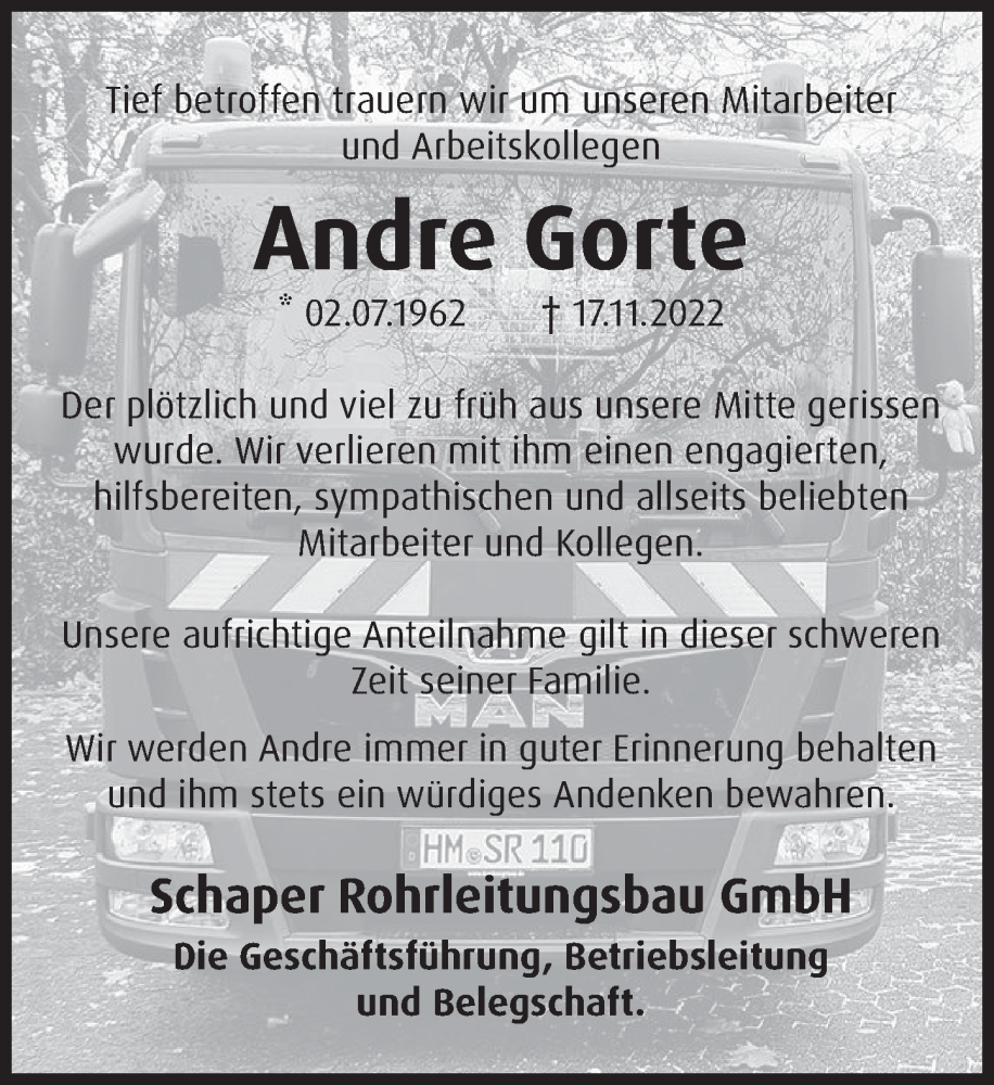  Traueranzeige für Andre Gorte vom 23.11.2022 aus Deister- und Weserzeitung